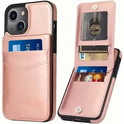 Чехол, совместимый с iPhone 15 Plus - [Держатель для карт с 6 слотами] Тонкий кожаный бумажник розового цвета