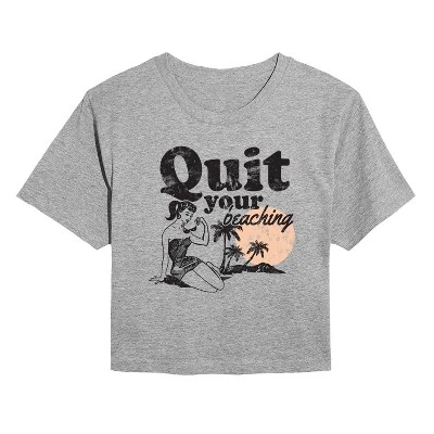 Женская укороченная футболка с рисунком Quit Your Beaching серого цвета.