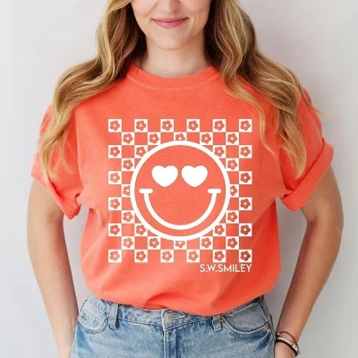 Футболка в клетку с цветочным рисунком S.W.Smiley, окрашенная в ярко-лососевый цвет