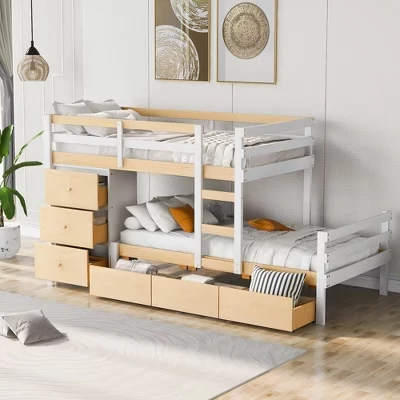Двухъярусная кровать Twin over Twin с 6 ящиками для хранения вещей и лестницей из массива дерева, экономящая пространство Низкая двухъярусная кровать для детей и подростков, спальня в общежитии, натуральная