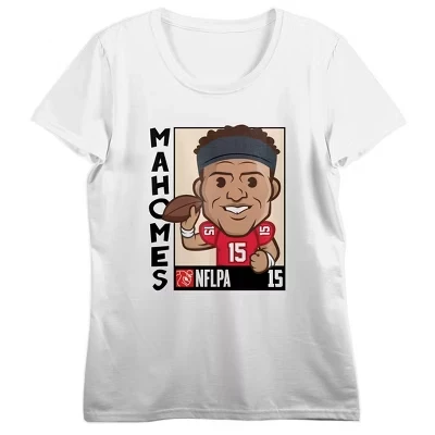 Векторная карикатура NFLPA Patrick Mahomes на женскую белую футболку с круглым вырезом и коротким рукавом белого цвета