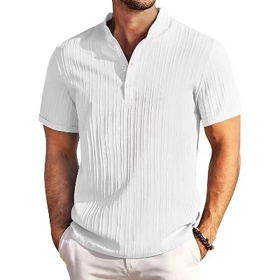 Henley Tee Shirt Short Sleeve Textured T-Shirt white