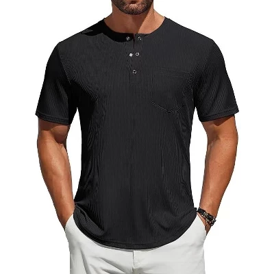 Мужские рубашки Henley, футболка с коротким рукавом, базовые футболки на пуговицах, летняя футболка в рубчик с карманами, повседневные стрейчевые топы, черный