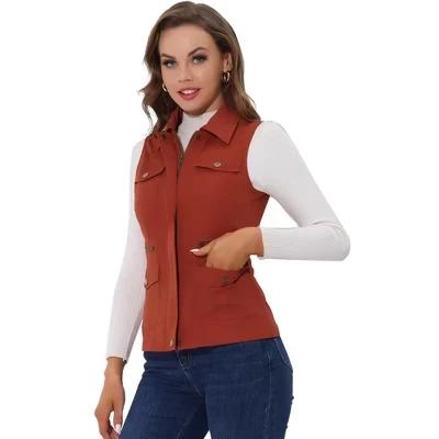 Women's Zip-Up Sleeveless Turn Down Collar Cargo Utility Vest with Pockets
