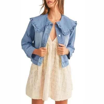 Womens Denim Jacket Peter Pan Collar Cute Cropped Long Sleeve Shirts Jean Coat with Pockets blue