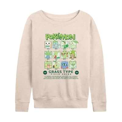 Women's - Pokémon - Grass Type Field Guide Lightweight French Terry Wide Neck Long Sleeve Graphic Shirt birch
