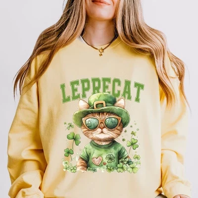Leprecat Watercolor Cat - Женская легкая одежда, окрашенная в цвет свитшота butter