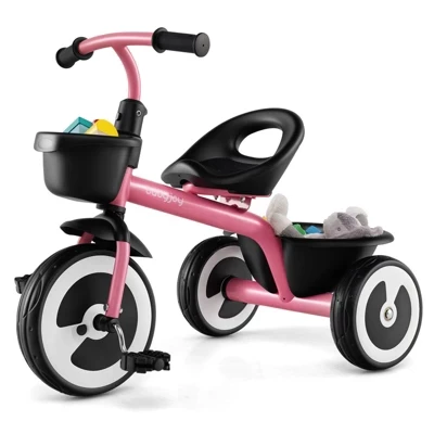 Детский трехколесный велосипед Kids Trike с регулируемым сиденьем спереди и сзади, корзинами для хранения, Темно-синий / Белый / Розовый