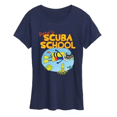 Женская футболка Pete's Scuba School с коротким рукавом и рисунком темно-синего цвета.
