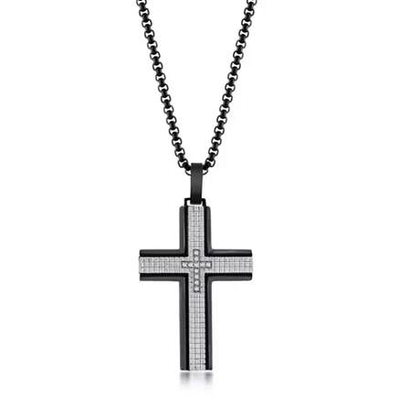 Мужское ожерелье с крестом из нержавеющей стали Black & Silver CZ - Серебро - 24 дюйма