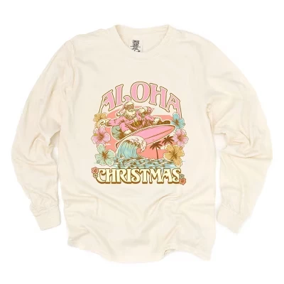 Aloha Christmas Surfing Santa - Женская одежда, окрашенная футболка с длинным рукавом и рисунком