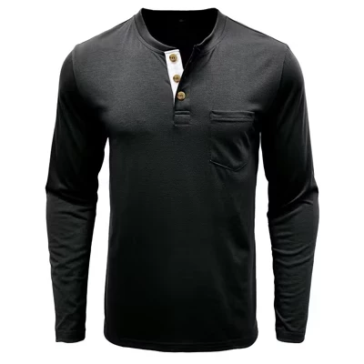 Мужская хлопчатобумажная футболка Henley с длинным рукавом и пуговицами черного цвета