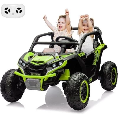 Детский внедорожник UTV 24V, электрический грузовик 4x4 с козырьком от солнца, пультом дистанционного управления, светодиодными фарами, амортизатором, звуковым сигналом и музыкальным плеером зеленого цвета