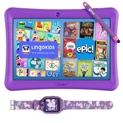 K102 Kids Tablet Bundle – 10-дюймовый планшет на 32 ГБ с 14 обучающими приложениями, Lingokids и Epic! + Детские умные часы KW1 для мальчиков и девочек в возрасте от 3 до 12 лет фиолетового цвета