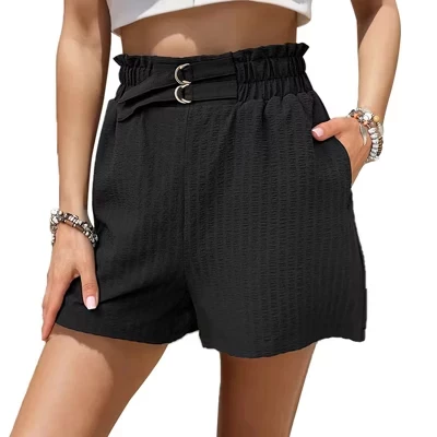 Women's Textured Paper Bag Waist Shorts, Casual Summer Shorts with Pockets black