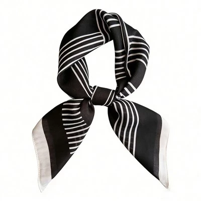 Womens Lightweight Square Scarf with Modern Linear Pattern 26.5×26.5inches black
