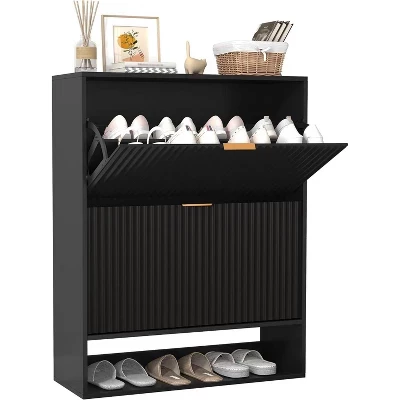 Fluted Narrow Shoe Cabinet for Entryway, Slim Freestanding Shoe Storage with 2 Flip Drawers & Side Hooks, Space-Saving Organizer black