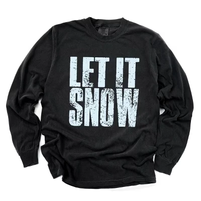 Let It Snow Block Distressed - женская одежда, окрашенная в черный цвет футболка с длинным рукавом и рисунком