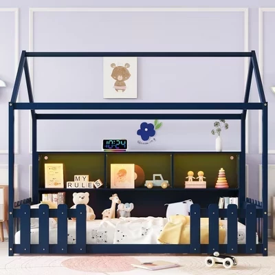Игровой домик Монтессори, Напольная кровать Twin Size, детская кровать в коттедже с книжной полкой для хранения вещей и светодиодной подсветкой, Деревянный каркас кровати для игровой комнаты и спальни