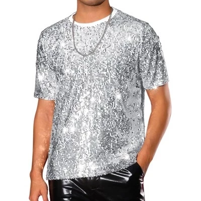 Мужская футболка с коротким рукавом и круглым вырезом Regular Fit Party Club Sparkly Disco с блестками серебристого цвета