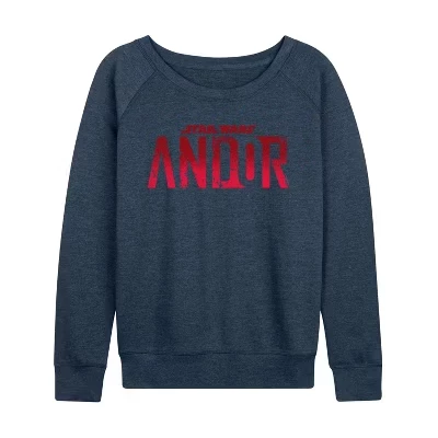 Women's -  - Andor Logo Lightweight French Terry Wide Neck Long Sleeve Graphic Shirt heather indigo