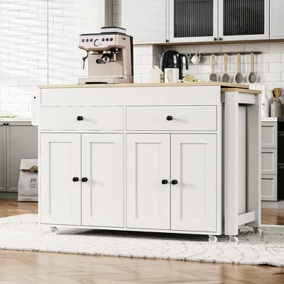 White Wood Top 74.5 in. Kitchen Island with Extendable Table, Hidden Wheels, and Ample Storage white