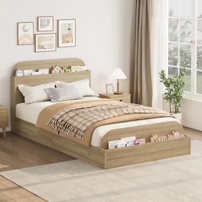 Каркас кровати Twin Size, прочные деревянные рейки, с изголовьем для хранения вещей и фальшбортом, Пружинный блок не требуется, простая сборка, для мальчиков и девочек коричневого цвета
