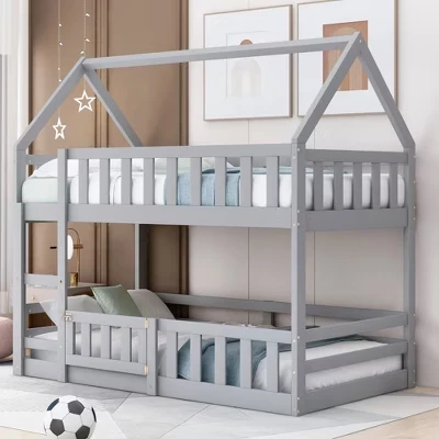 Двухъярусная кровать Twin Over Twin House с защитным ограждением, дверью и лестницей на полу, Двухъярусная кровать из массива дерева для детей, девочек, мальчиков, легко монтируемая серая