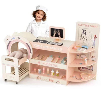 Деревянный игровой набор Доктора для детей Pretend Play Doctor Kit с игрушечной компьютерной томографией Синий/розовый розовый