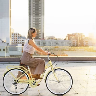 Велосипеды Ladies Beach Cruiser Bike, Передние и Задние V-образные тормоза, 7-скоростные велосипеды для поездок на работу, Женский Велосипед Со Стальной Рамой Для велосипедных упражнений желтого цвета