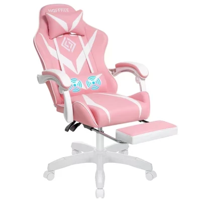 Детское массажное игровое кресло Hoffree Kids Эргономичное офисное кресло для ПК с подставкой для ног и регулируемой спинкой розового цвета