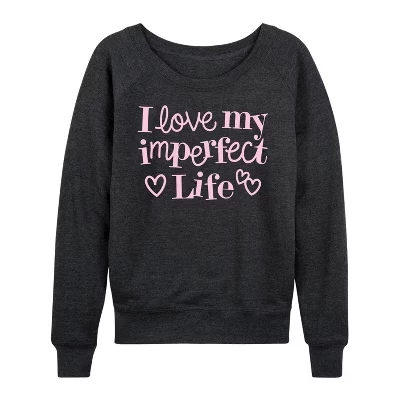 Женская рубашка I Love My Imperfect Life из легкого французского махрового полотна с широким вырезом и длинными рукавами, выполненная в графическом стиле цвета верескового угля.
