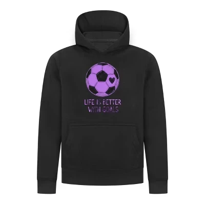 Спортивная коллекция Life-Is-Better-With-Goals Пуловер с капюшоном для девочек–футболистов - Толстовка с рисунком фиолетового сердца и мяча, черный