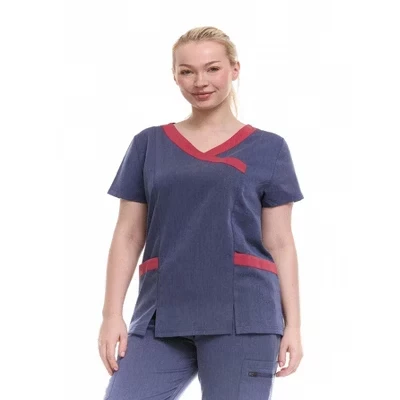 Современный женский топ-скраб HEAL+WEAR с контрастным V–образным вырезом - Стильная отделка цветными блоками, Приталенный крой, Эластичность в 4 стороны, Множество карманов