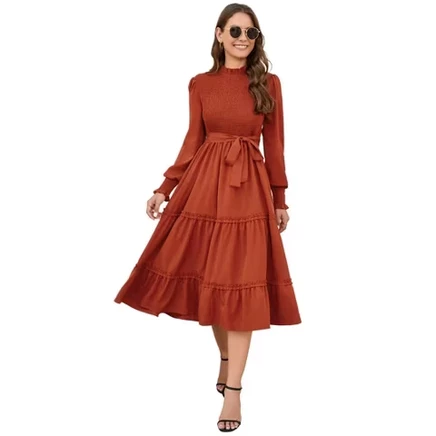 Women's Ruffle Mock Neck Long Sleeve Smocked Midi Dress Casual Floral Print Elastic Waist Tiered Long Dress caramel