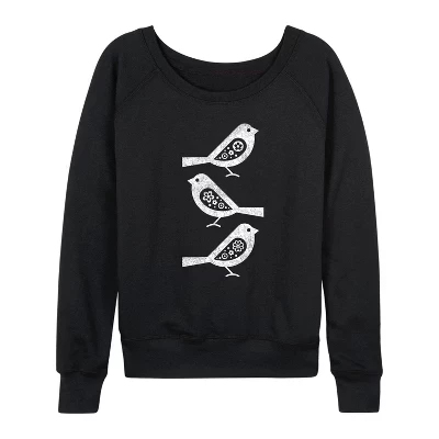 Женская рубашка - - Bw Scandinavian Birds Легкая французская махровая рубашка с широким вырезом и длинным рукавом с графическим рисунком черного цвета
