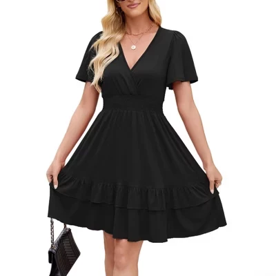Women's Wrap V Neck Flutter Short Sleeve Smocked Waist Summer Casual Mini Dress Ruffle Hem Trendy Everyday Wear Flowy A Line Short Dress black