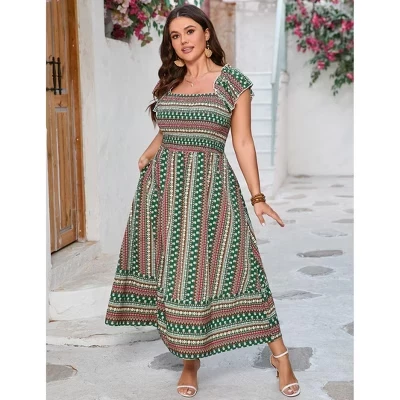 YESFASHION/ женское повседневное платье макси больших размеров с короткими рукавами и завышенной талией в стиле бохо с цветочным принтом на лето зеленого цвета