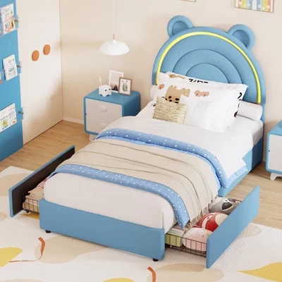 Каркас кровати Twin Size с 4 выдвижными ящиками для хранения вещей, обитая бархатом кровать-платформа с радужным изголовьем для детей/мальчиков, Рейки из цельного дерева поддерживают синий цвет