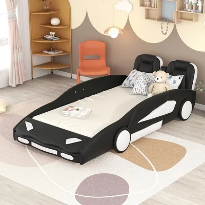 Кровать-платформа Twin Size Kids Race Car Bed, деревянная детская напольная кровать в форме автомобиля с колесами и 2 сиденьями для мальчиков и девочек черного цвета