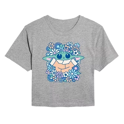 Женская укороченная футболка Star Wars Grogu Flowers, серая