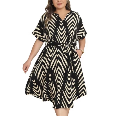 Women's Plus Size 2026 Fashion V Neck Short Sleeve Chevron Striped Detachable Belt Beach Casual Midi Dresses - black