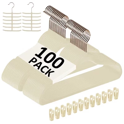 Бархатные вешалки для одежды VECELO 25/30/50/60/100 pk Нескользящие и компактные Вешалки для одежды с зажимами для пальцев и вешалкой для галстуков 9 Цвет бежевый