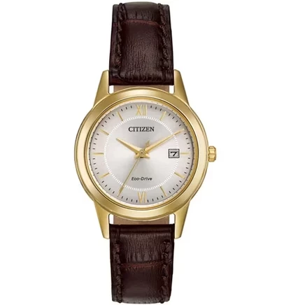 Женские часы Citizen Eco-Drive Dress, золотой корпус, коричневый ремешок