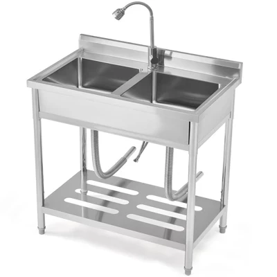 Stainless Steel Utility Sink with Faucet, Freestanding Kitchen Sink with Adjustable Legs, Hot & Cold Water Pipes 35.8x21.3x40.2inch(double sink)