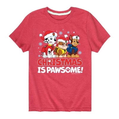 Мужская футболка с коротким рукавом Paw Patrol - Christmas Is Pawsome Chase Rubble Marshall с рисунком красного цвета