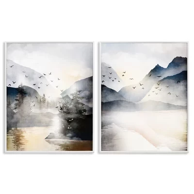 Залитые солнцем птицы над озером Пейзаж 2шт в рамке Giclee Art Set белый