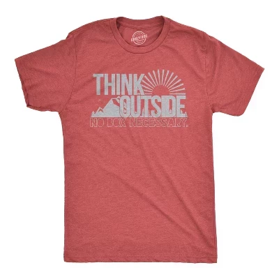 Мужская футболка Think Outside Funny No Box, необходимая для пешего туризма и кемпинга, винтажная графическая футболка - Crazy Dog Мужская футболка для отдыхающих
