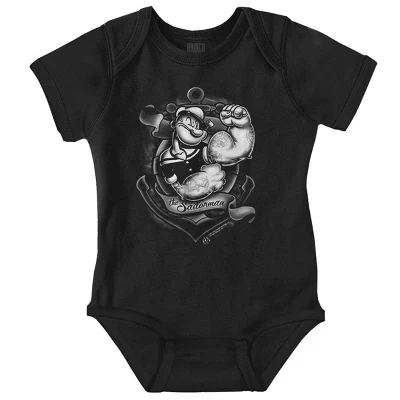 Детские ползунки Popeye Anchor Tattoo Muscle Flex для мальчиков или девочек лицензированного черного цвета