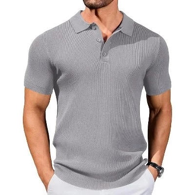 Мужские трикотажные рубашки поло Slim Fit, деловой легкий свитер поло, повседневная летняя футболка с ребристым текстурированным воротником серого цвета